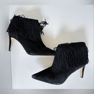 Sam Edelman Kandice Dove Black Suede Fringe Booties Ankle Boots Heels Shoes 8.5